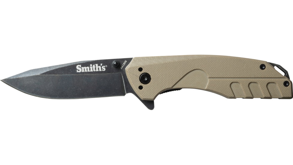 Smiths BattlePlan Folding Knife, 3.35in, 420 Stainless Steel, Black Stonewash, Drop Point Blade, G10 Handle, Desert Tan, SP-50995