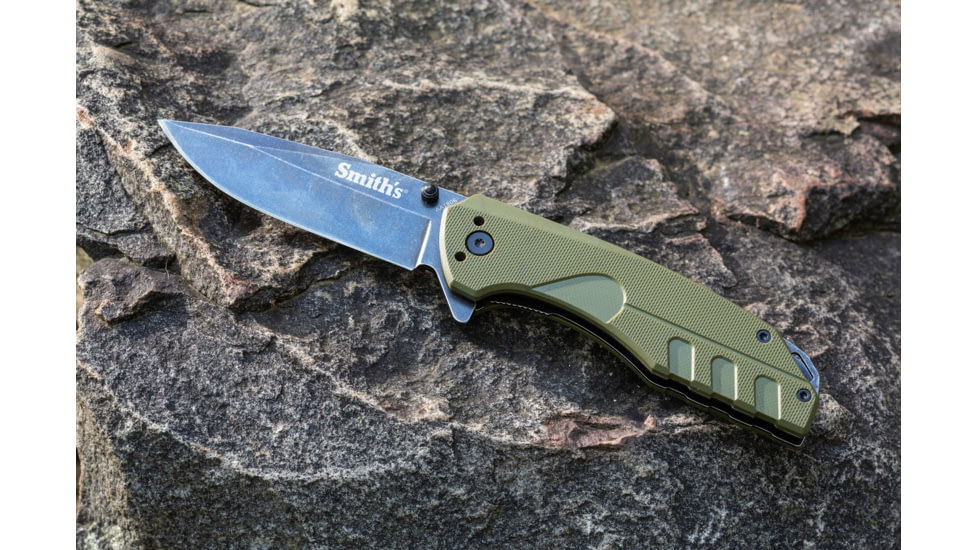 Smiths BattlePlan Folding Knife, 3.35in, 420 Stainless Steel, Black Stonewash, Drop Point Blade, G10 Handle, OD Green, SP-50996