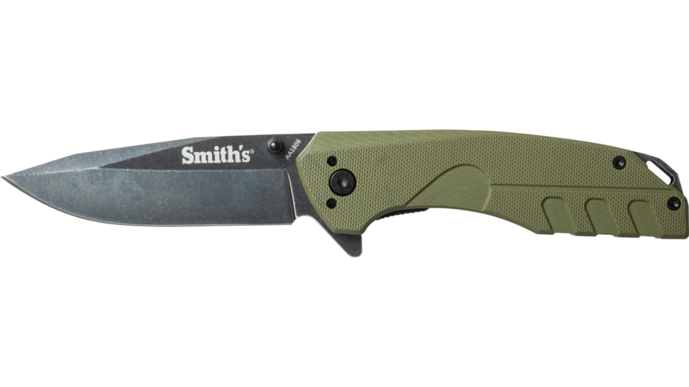Smiths BattlePlan Folding Knife, 3.35in, 420 Stainless Steel, Black Stonewash, Drop Point Blade, G10 Handle, OD Green, SP-50996