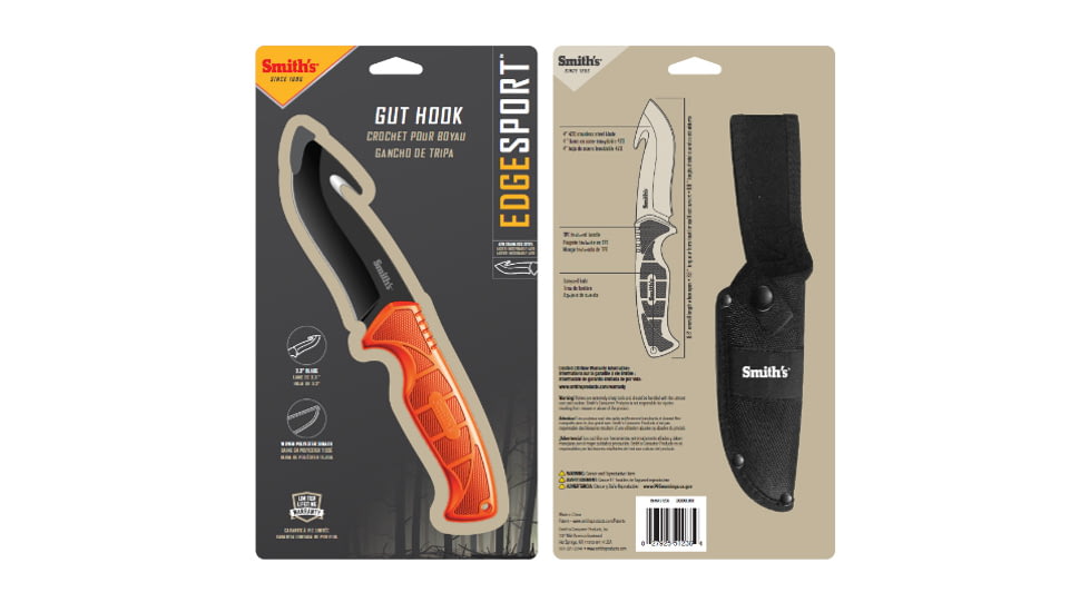 Smiths Edgesport Fixed Blade Gut Hook Knife, 4 in, Blaze Orange, 51236