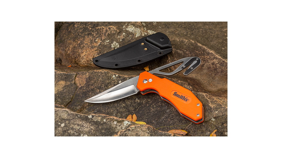 Smiths EdgeSport Folding Knife w/ Gut Hook, 3in, 400 Stainless Steel, Skinner Blade/ Gut Hook, G10 Handle, Orange, SP-51104