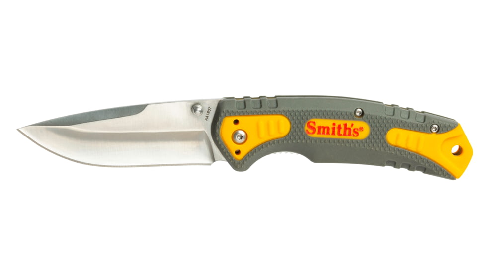Smiths Pack Pal Folding Knife, 3.5in, Drop Point, 420 Stainless Steel, Black, Drop Point Blade, Sharpener, Gray/Orange, 51018