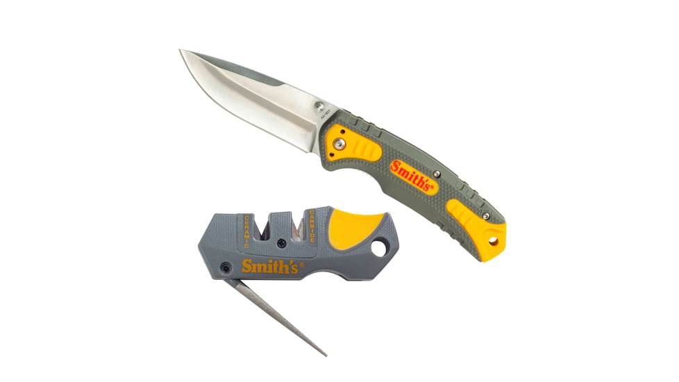 Smiths Pack Pal Folding Knife, 3.5in, Drop Point, 420 Stainless Steel, Black, Drop Point Blade, Sharpener, Gray/Orange, 51018