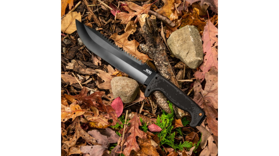 SOG Specialty Knives & Tools Jungle Primitive Folding Knife, 9.5in, 8Cr13MoV Blade, Clip Point, Black, Kraton Handle, Black, SOG-F03TN-CP