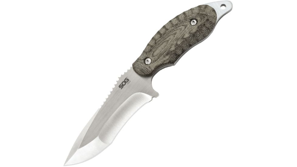 SOG Specialty Knives &amp; Tools Kiku 4 Inch Dual Direction Satin Fixed Blade Knife w/ Micarta Handle and Kydex Sheath, Silver, KU-2022
