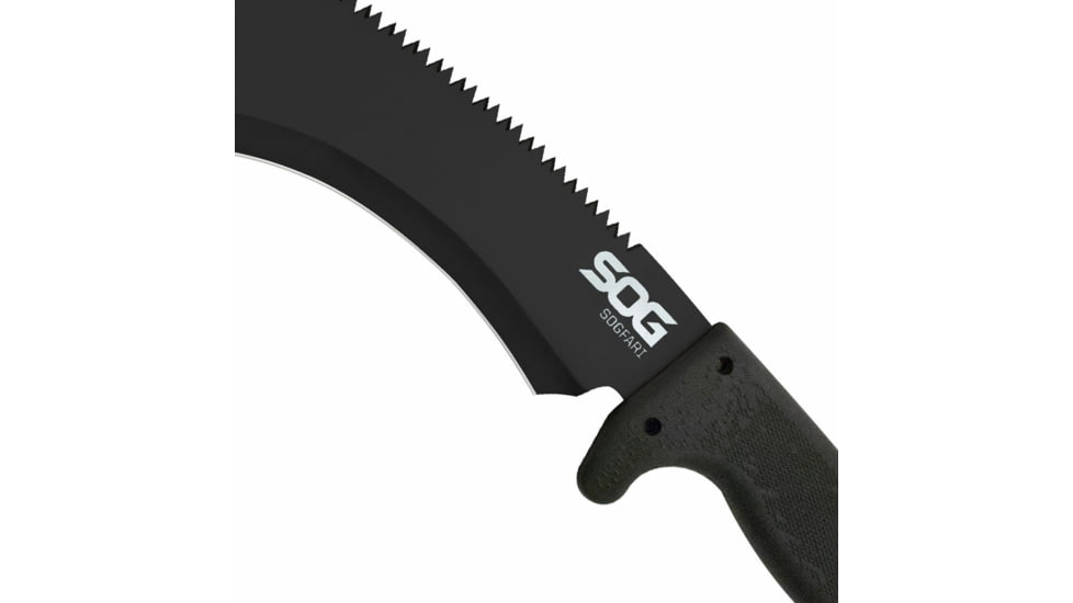 SOG Specialty Knives &amp; Tools SOGFari Machete Fixed Blade Knife, 12in, 3Cr13 Blade, Drop Point/Saw, Black, Kraton Handle, Black/Black, SOG-MC11-N