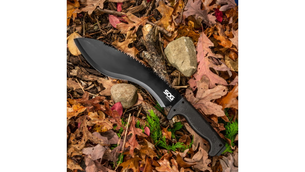 SOG Specialty Knives &amp; Tools SOGFari Machete Fixed Blade Knife, 12in, 3Cr13 Blade, Drop Point/Saw, Black, Kraton Handle, Black/Black, SOG-MC11-N