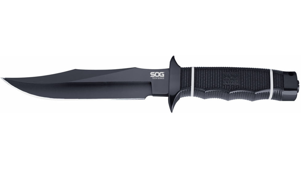 SOG Specialty Knives &amp; Tools Tech Bowie Fixed Blade Knife, 6.4in, AUS-8 Blade, Clip Point, Black, Kraton Handle, Black, SOG-S10B-K