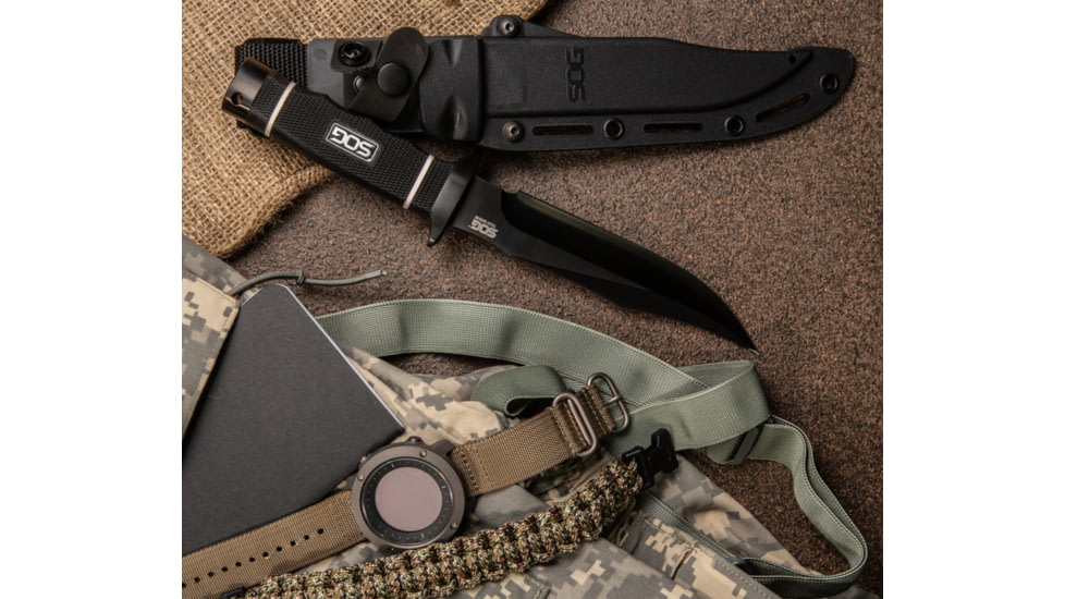 SOG Specialty Knives &amp; Tools Tech Bowie Fixed Blade Knife, 6.4in, AUS-8 Blade, Clip Point, Black, Kraton Handle, Black, SOG-S10B-K