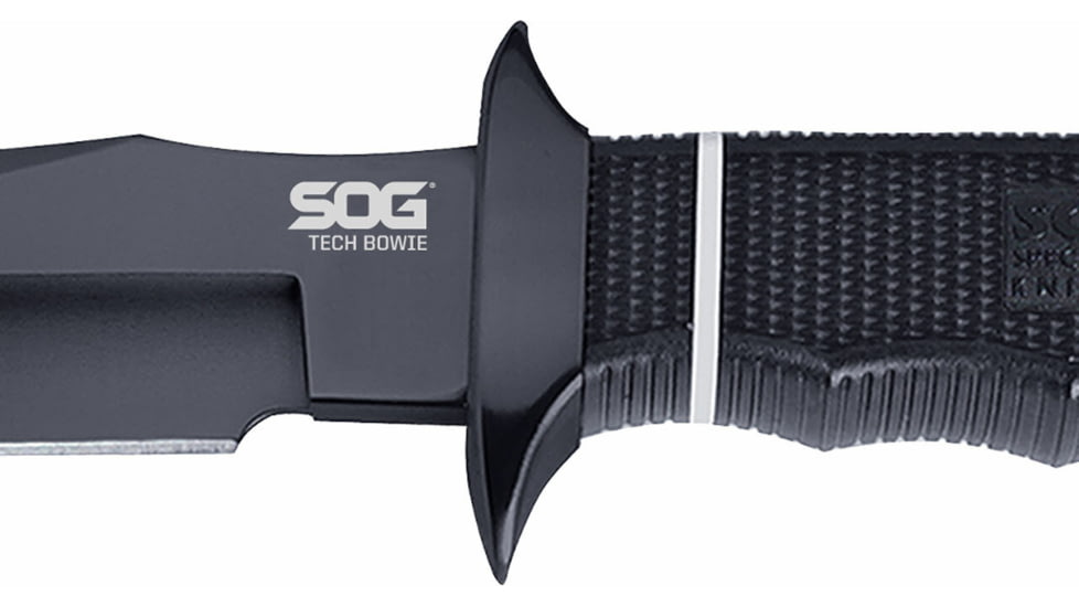 SOG Specialty Knives &amp; Tools Tech Bowie Fixed Blade Knife, 6.4in, AUS-8 Blade, Clip Point, Black, Kraton Handle, Black, SOG-S10B-K