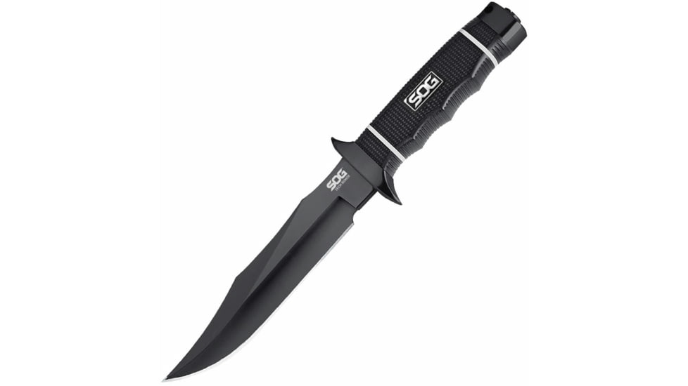 SOG Specialty Knives &amp; Tools Tech Bowie Fixed Blade Knife, 6.4in, AUS-8 Blade, Clip Point, Black, Kraton Handle, Black, SOG-S10B-K