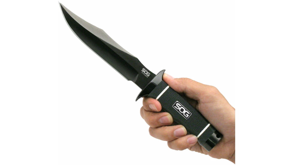 SOG Specialty Knives &amp; Tools Tech Bowie Fixed Blade Knife, 6.4in, AUS-8 Blade, Clip Point, Black, Kraton Handle, Black, SOG-S10B-K