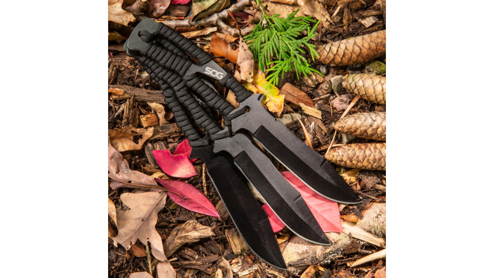 SOG Specialty Knives &amp; Tools Throwing Knives w/Nylon Sheath, 3-Pack, Stamped, 4.4in, 420 Stainless Blade, Black, Glass-Reinforced Nylon Handle, SOG-F041TN-CP