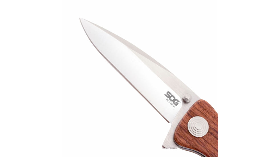 SOG Specialty Knives &amp; Tools Twitch XL Folding Knife, 3.25in, AUS-8 Blade, Drop Point, Brown, Rosewood Handle, Silver, SOG-TWI24-CP