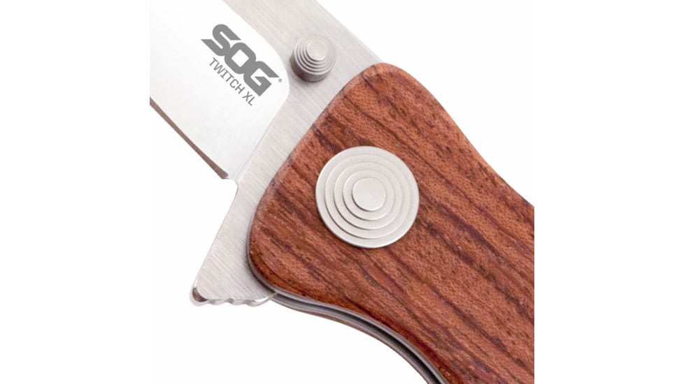 SOG Specialty Knives &amp; Tools Twitch XL Folding Knife, 3.25in, AUS-8 Blade, Drop Point, Brown, Rosewood Handle, Silver, SOG-TWI24-CP
