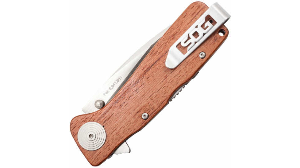 SOG Specialty Knives &amp; Tools Twitch XL Folding Knife, 3.25in, AUS-8 Blade, Drop Point, Brown, Rosewood Handle, Silver, SOG-TWI24-CP