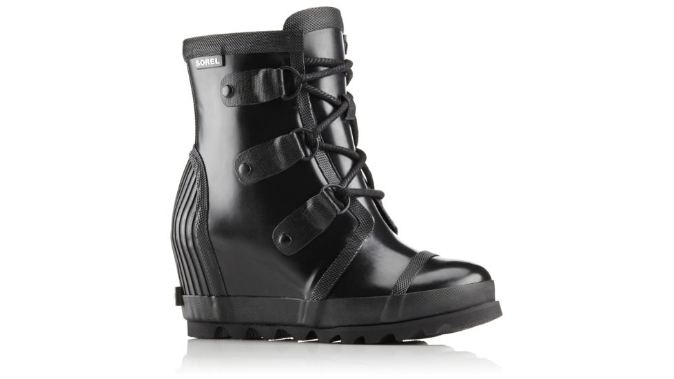 Sorel Joan Rain Wedge Gloss Rubber Boot, Womens, Black/Sea Salt, 9 US, 1757571010-9