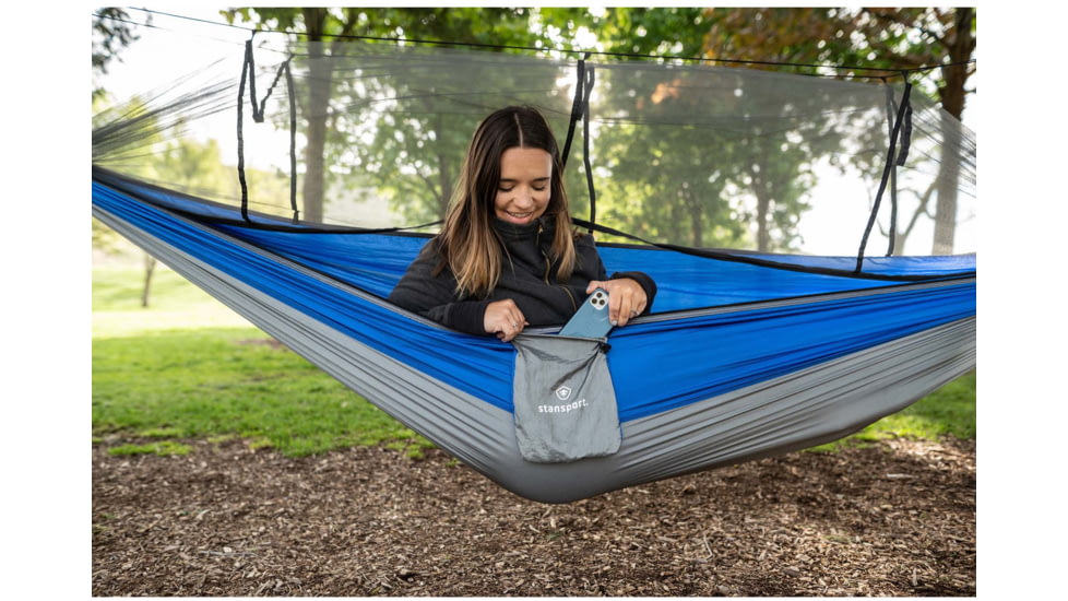 Stansport Packable Nylon Hammock w/ Mosquito Netting, 200 lbs Weight Capacity, Blue/Gray, 102 L x 54 W x 55 H, 30400-50