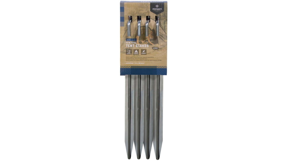 Stansport 12 Steel Tent Stakes - 4 Pack, Stainless, 12L x 0.75W x 0.5H, 812-4