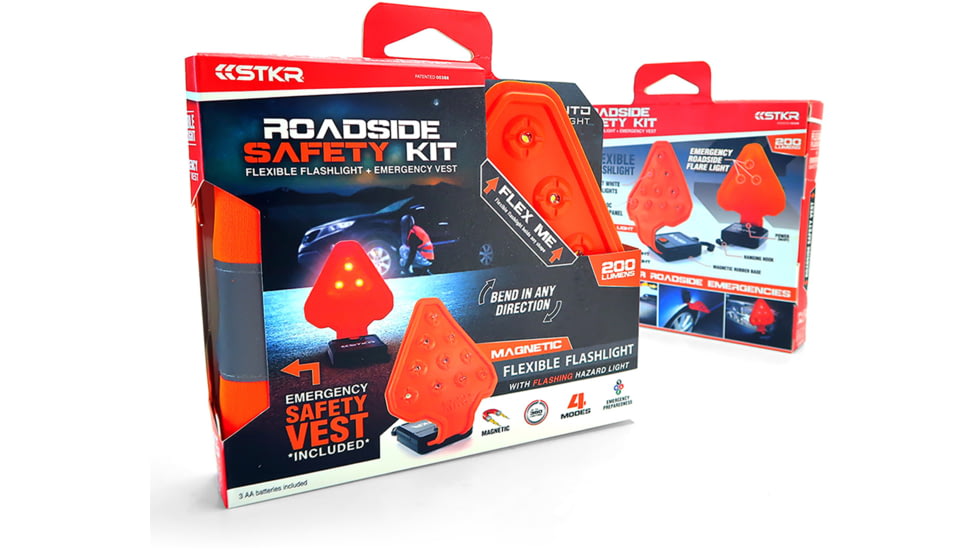 STKR Concepts FLEXIT AUTO Roadside Flashlight Safety Combo Kit - A 200 Lumen, 3x AA Ultra-Flexible Roadside Safety LED Flashlight &amp; High-Vis Safety Vest, Orange, 00388