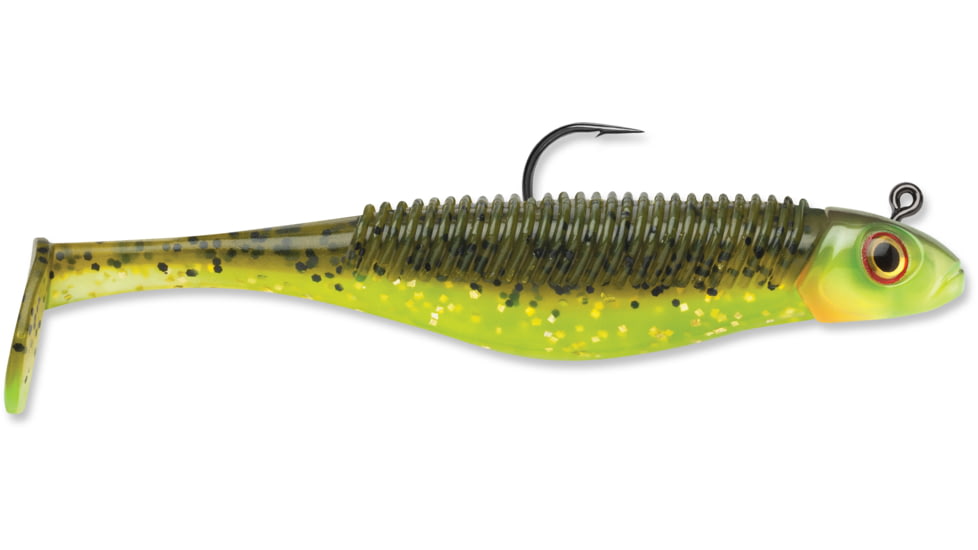 Storm 360GT Searchbait Shad, Sinking, 4-1/2&quot;, 3/8oz, #4/0 Hk, 1 Rigged Two Bodies, Hot Olive, SBD45HO-38J