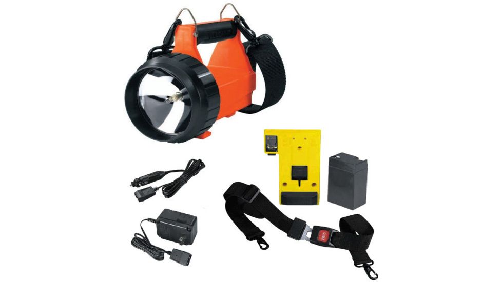 Streamlight Vulcan Orange Flashlight with vehicle and home chargers, charging rack, battery, quick release shoulder strap 44500. Not shown: 8-Watt dual filament backup lamp assembly (included with 44511).