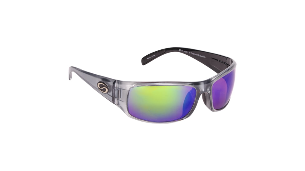 Strike King S11 Optics Okeechobee Sunglasses, Shiny Clear Gray Metallic Black Two Tone Frame, Multi Layer Green Mirror, Amber Base Lens, SG-S11582