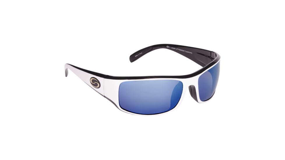 Strike King S11 Optics Okeechobee Sunglasses, Shiny White Black Two Tone Frame, Multi Layer White Blue Mirror, Gray Base Lens, SG-S11533