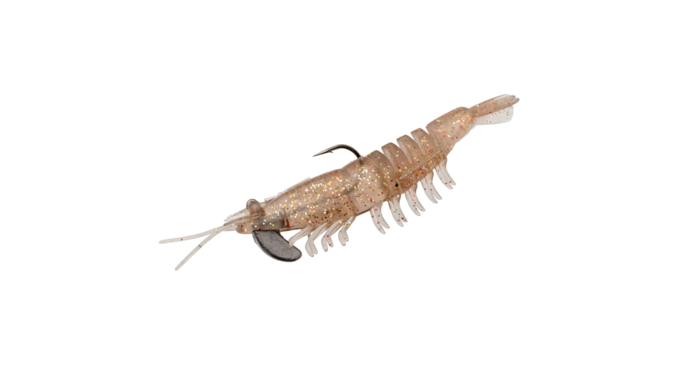 Strike King Tidal Shrimp Fishing Lure, Pre-rigged Soft Plastic Shrimp Bait, Durable Mesh Tail, 2/0 Single Hook, 3 1/2in, 1/4oz, Dishwasher Glitter, PRSSW3-553