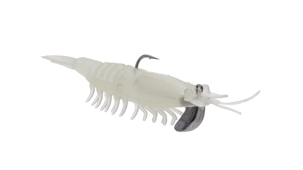 Strike King Tidal Shrimp Fishing Lure, Pre-rigged Soft Plastic Shrimp Bait, Durable Mesh Tail, 2/0 Single Hook, 3 1/2in, 1/4oz, Nite Glow, PRSSW3-694