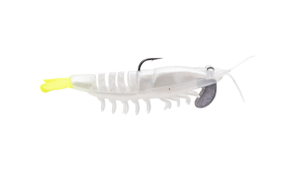 Strike King Tidal Shrimp Fishing Lure, Pre-rigged Soft Plastic Shrimp Bait, Durable Mesh Tail, 2/0 Single Hook, 3 1/2in, 1/4oz, Pearl Chartreuse Tail, PRSSW3-492