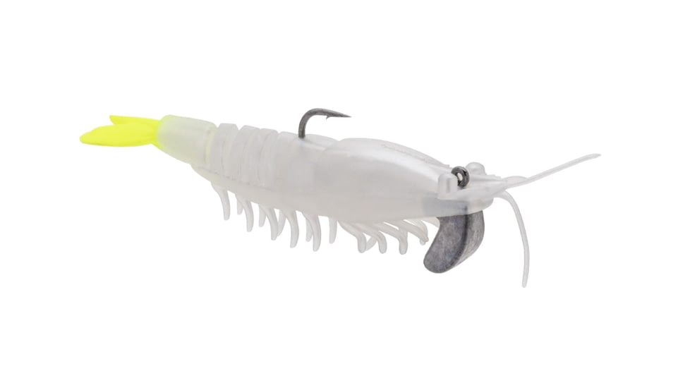 Strike King Tidal Shrimp Fishing Lure, Pre-rigged Soft Plastic Shrimp Bait, Durable Mesh Tail, 2/0 Single Hook, 3 1/2in, 1/4oz, Pearl Chartreuse Tail, PRSSW3-492