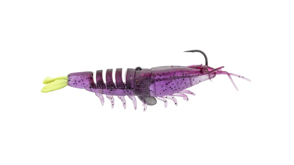Strike King Tidal Shrimp Fishing Lure, Pre-rigged Soft Plastic Shrimp Bait, Durable Mesh Tail, 2/0 Single Hook, 3 1/2in, 1/4oz, Purple Firetiger, PRSSW3-516