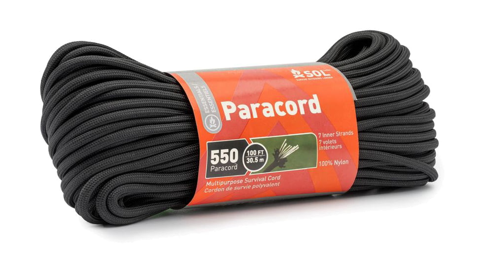 Survive Outdoors Longer 550 Paracord, 100 ft with Carabiner, Black, 0140-0039