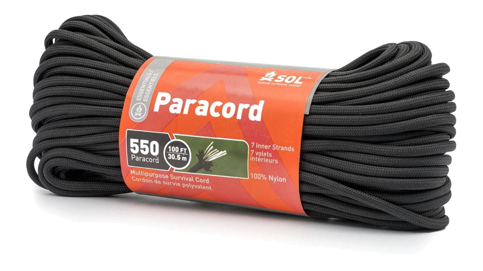 Survive Outdoors Longer 550 Paracord, 100 ft with Carabiner, Black, 0140-0039