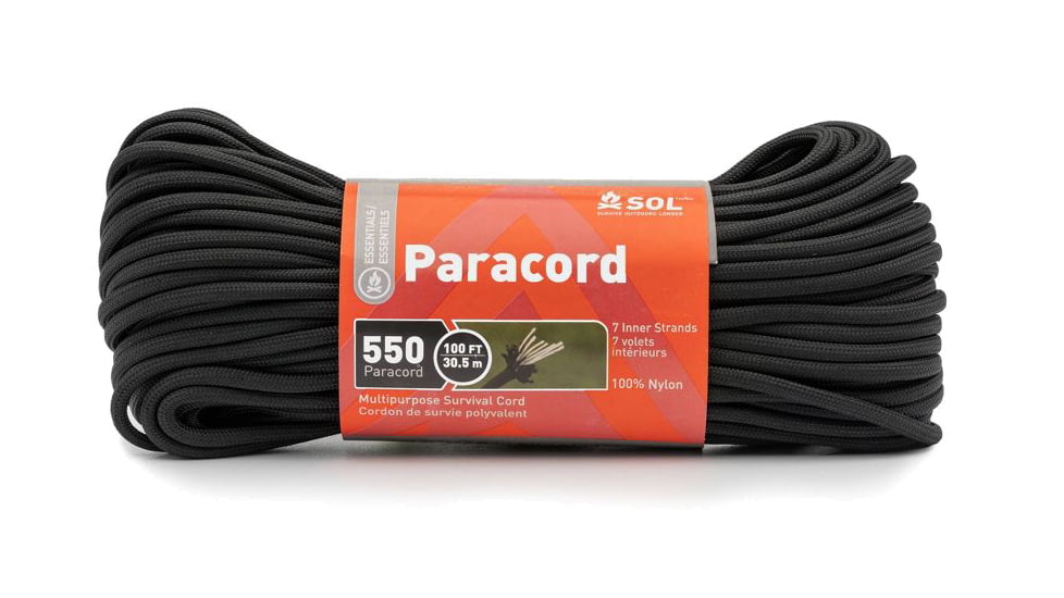 Survive Outdoors Longer 550 Paracord, 100 ft with Carabiner, Black, 0140-0039