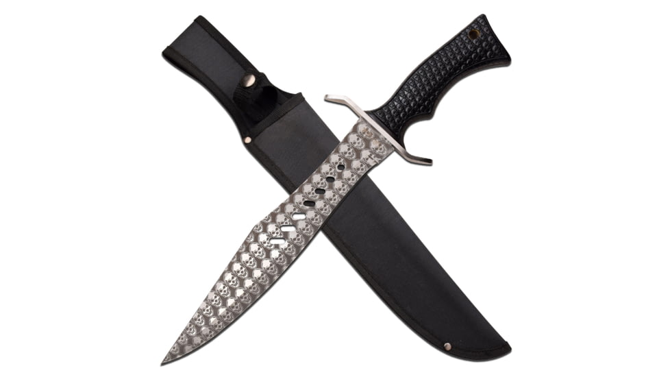 Survivor Bowie Fixed Blade Knives w/Etched Skull Pattern Blade, 11.75 in, 3Cr13 Stainless Steel Stainless Steel, Black, SV-FIX011BK