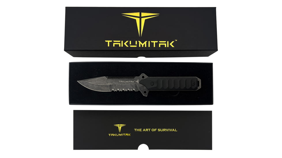 Takumitak Escort Fixed Blade Knife, 5.5in, D2, Drop Point, G10 Handle, Black Stonewash, TKF213SW