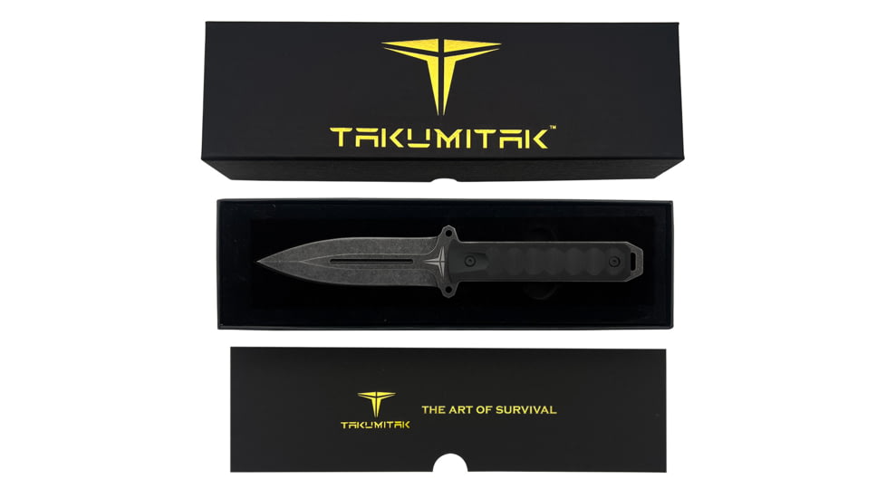 Takumitak Hitter Fixed Blade Knife, 5.5in, D2, Spear Point, G10 Handle, Black Stonewash, TKF214SW