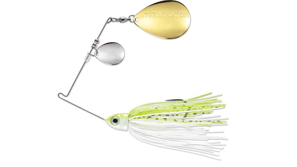 Terminator Pro Series Spinnerbait, Colorado/Colorado Blades, Nickel/Gold Blade Finish, Chartreuse and White Shad, 3/8oz, PSS38CC02NG