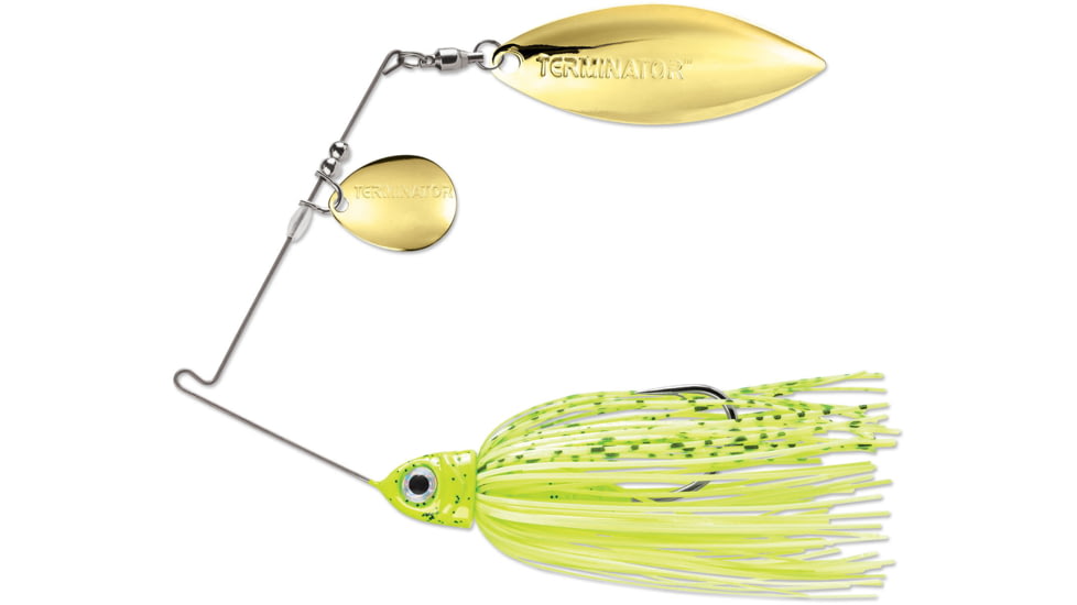 Terminator Pro Series Spinnerbait, Colorado/Willow Blades, Gold/Gold Blade Finish, Dirty Chartreuse Shad, 3/8oz, PSS38CW115GG