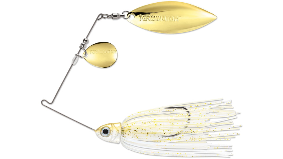 Terminator Pro Series Spinnerbait, Colorado/Willow Blades, Gold/Gold Blade Finish, Pale Gold Shiner, 3/8oz, PSS38CW109GG