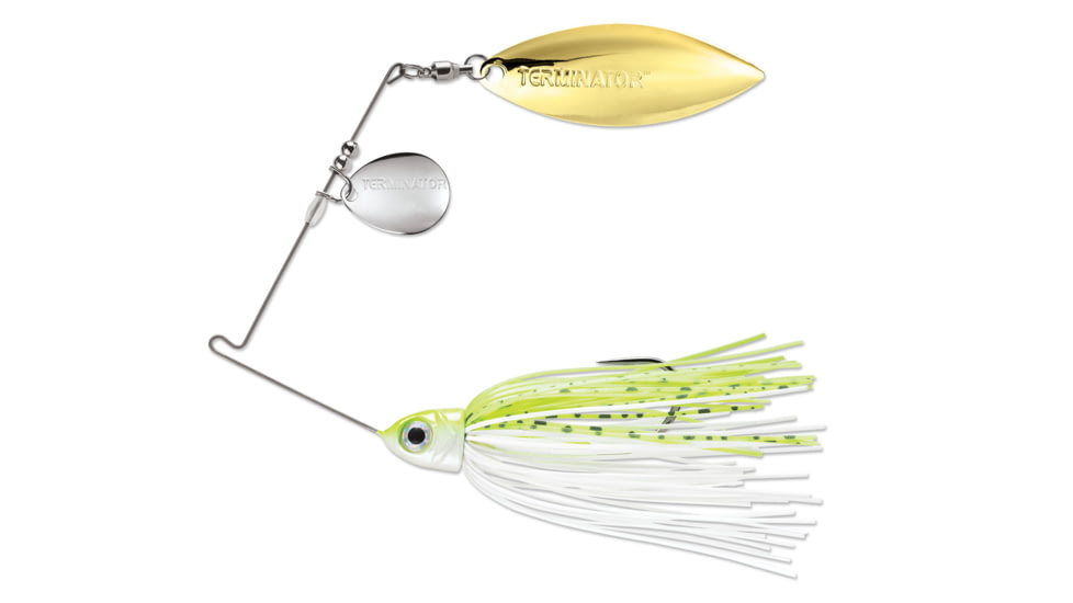Terminator Pro Series Spinnerbait, Colorado/Willow Blades, Nickel/Gold Blade Finish, Chartreuse and White Shad, 3/8oz, PSS38CW02NG