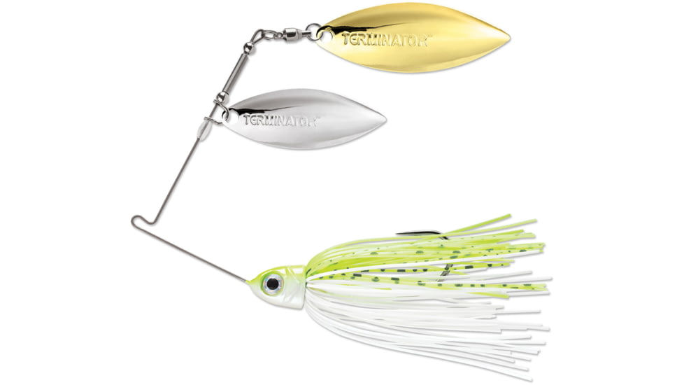 Terminator Pro Series Spinnerbait, Willow/Willow Blades, Nickel/Gold Blade Finish, Chartreuse and White Shad, 3/8oz, PSS38WW02NG