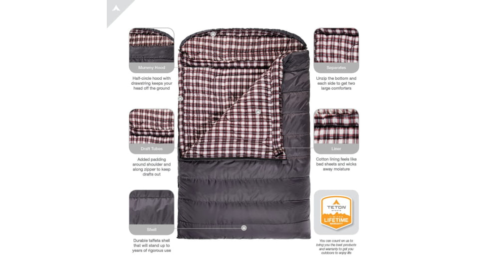 TETON Sports Fahrenheit 0 F Mammoth Double Sleeping Bag, Double-Wide, Grey/Red, 1077