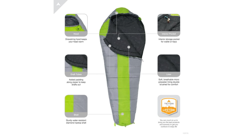 TETON Sports Tracker 5 F Mummy Sleeping Bag, 75x30x20, Grey/Green, 1171G