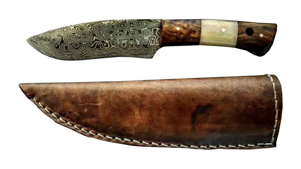 Titan Damascus Fixed Blade Knives, Overall Length - 7.3 in, Blade Length - 3.8 in, Handle Material - Black Walnut &amp; Camel Bone TD -095