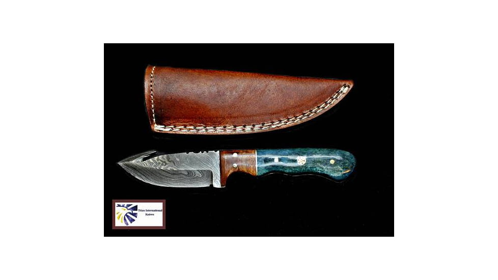 Titan Damascus Skinning Gut Hook, Hunting Knife by Titan TD-176, 4in, TDK-176