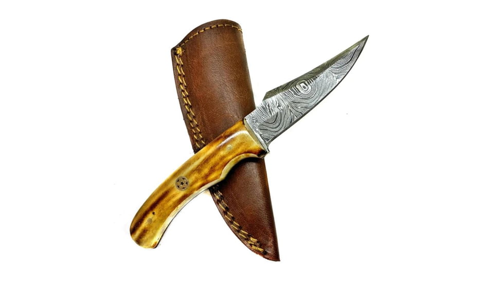 Titan International Knives Damascus Burnt Bone Handle Fixed Blade Hunting Knife, 8 inch, TDK-215