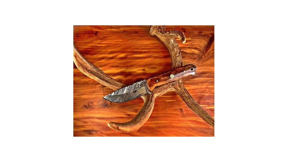 Titan International Knives Damascus Knife Hunting Style Fixed Blade Knife w/ Leather Sheath, 8 inch, TDK-238